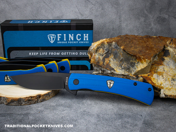 Finch Halo Folding Knife Military Blue Handle 14C28N Plain Black Blade