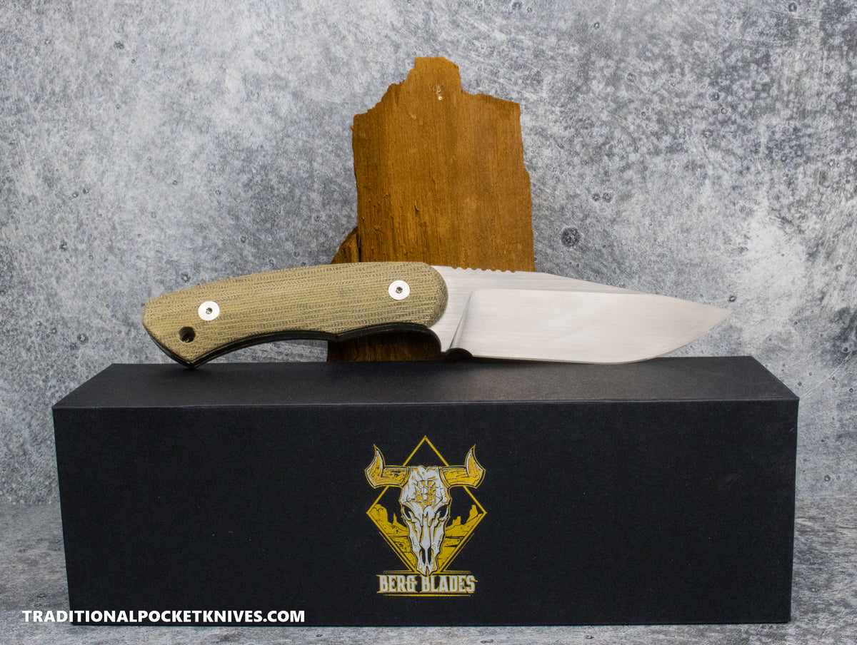 BergBlades Alpha Fixed Blade Green Micarta Magnacut Satin / Kydex Sheath