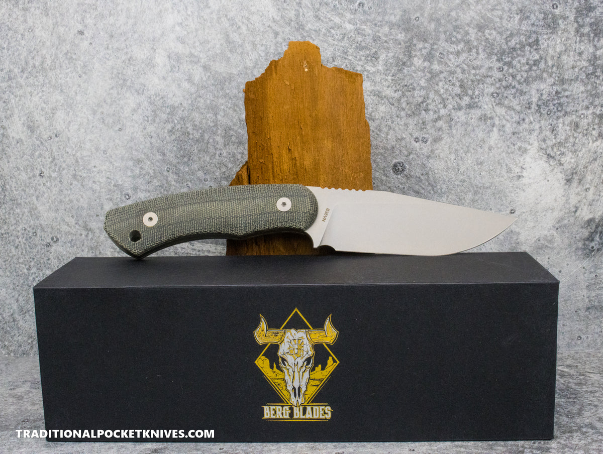 BergBlades Alpha Fixed Blade Black Micarta CPM S35VN Stonewash / Kydex Sheath