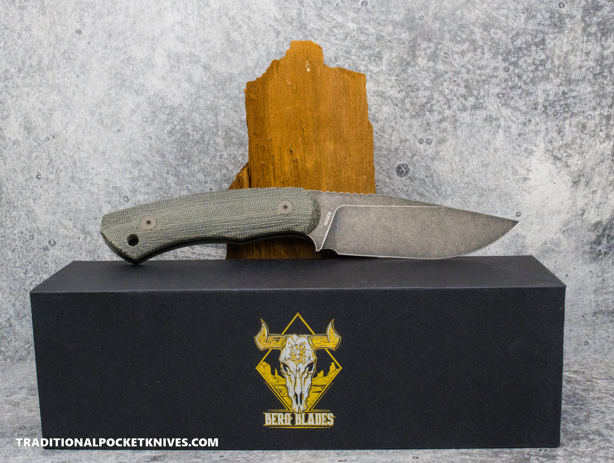 BergBlades Alpha Fixed Blade Black Micarta CPM S35VN Acidwash / Kydex Sheath