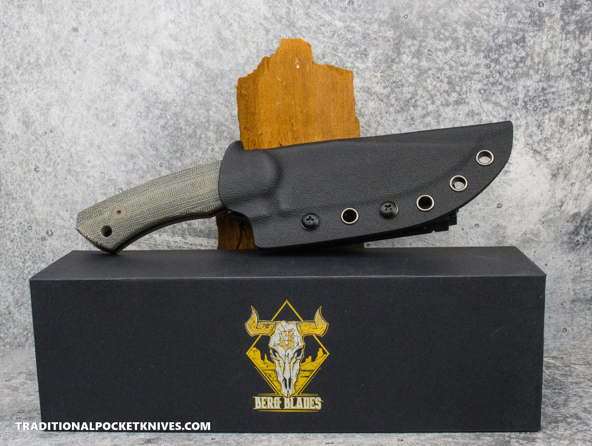 BergBlades Alpha Fixed Blade Black Micarta CPM S35VN Acidwash / Kydex Sheath