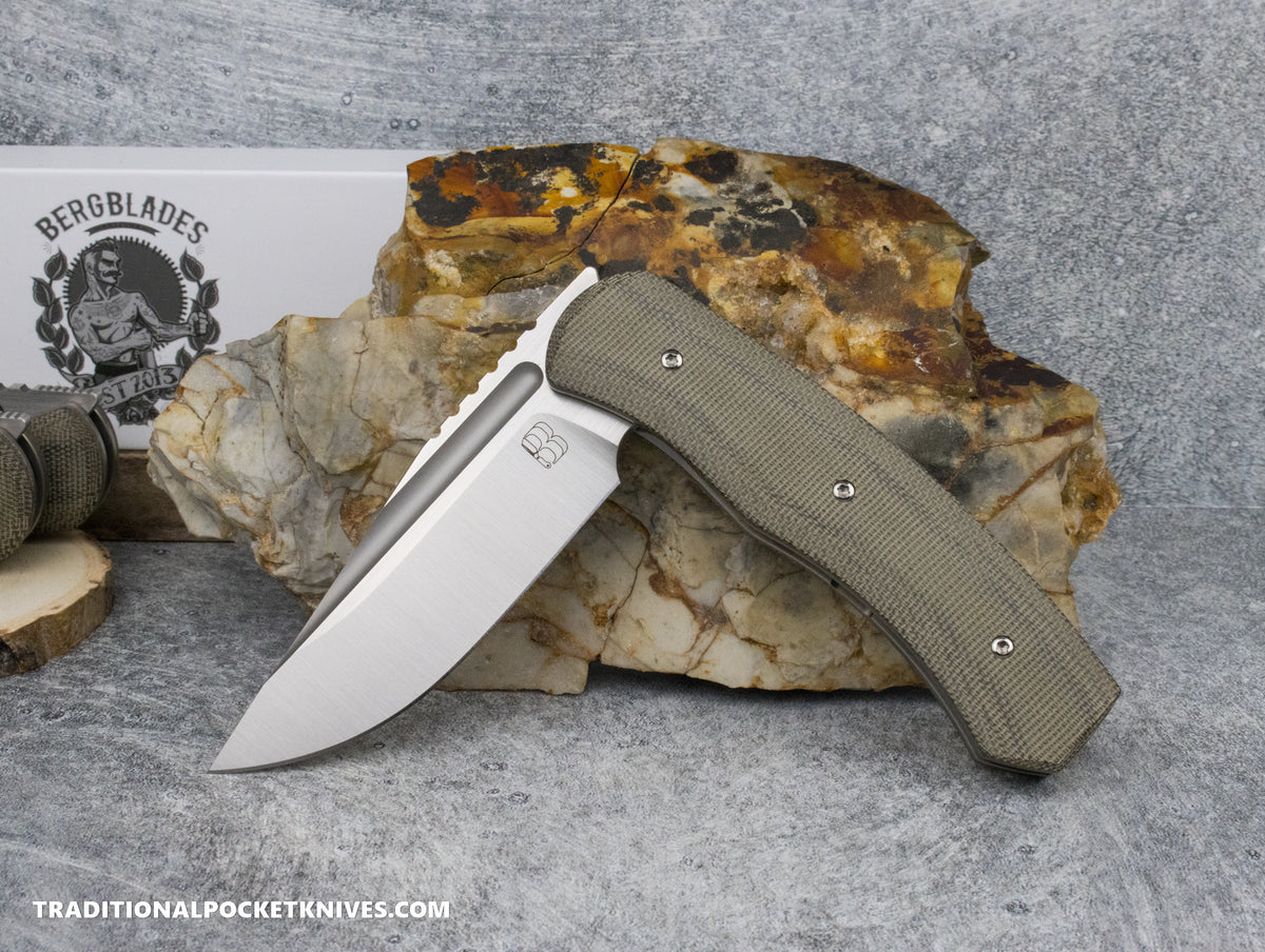 BergBlades Alpha Liner Lock Green Micarta Satin Magnacut