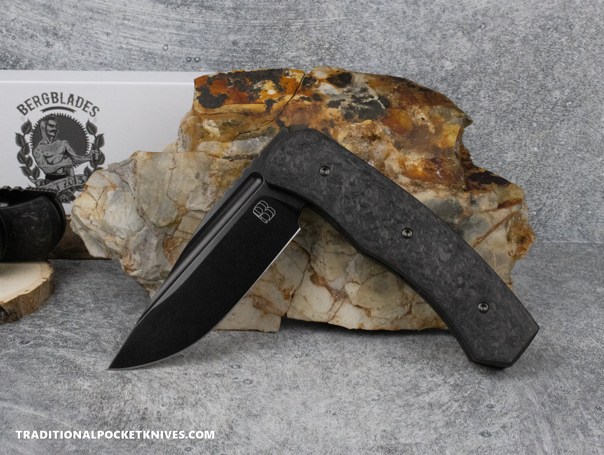 BergBlades Alpha Liner Lock Marble Carbon Fiber Polished Stonewashed DLC Magnacut