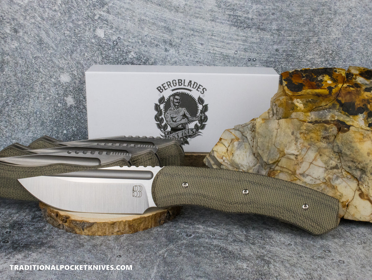 BergBlades Alpha Liner Lock Green Micarta Satin Magnacut