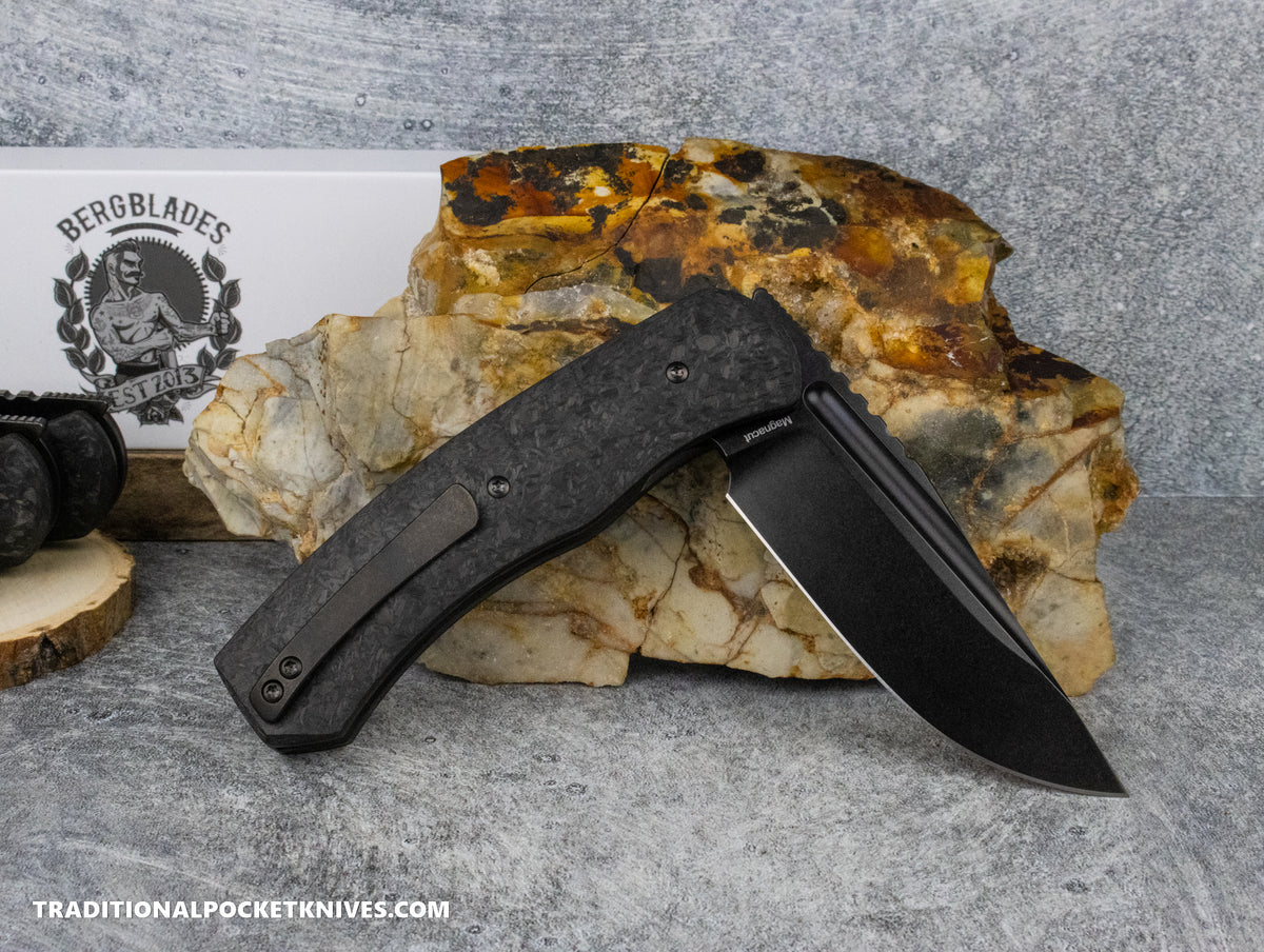 BergBlades Alpha Liner Lock Marble Carbon Fiber Polished Stonewashed DLC Magnacut