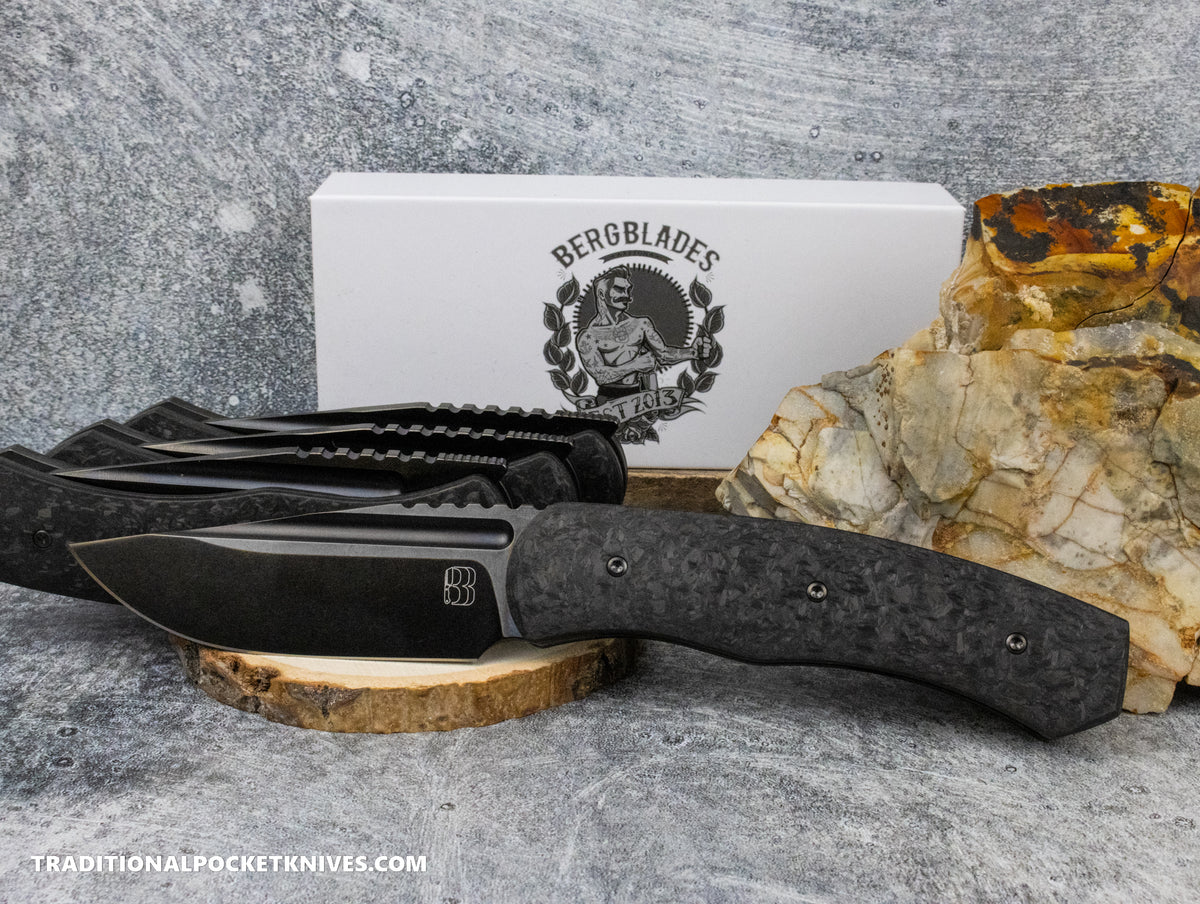 BergBlades Alpha Liner Lock Marble Carbon Fiber Polished Stonewashed DLC Magnacut