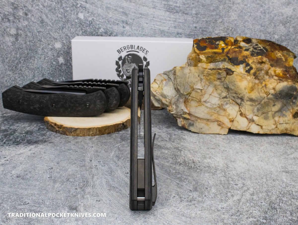 BergBlades Alpha Liner Lock Marble Carbon Fiber Polished Stonewashed DLC Magnacut