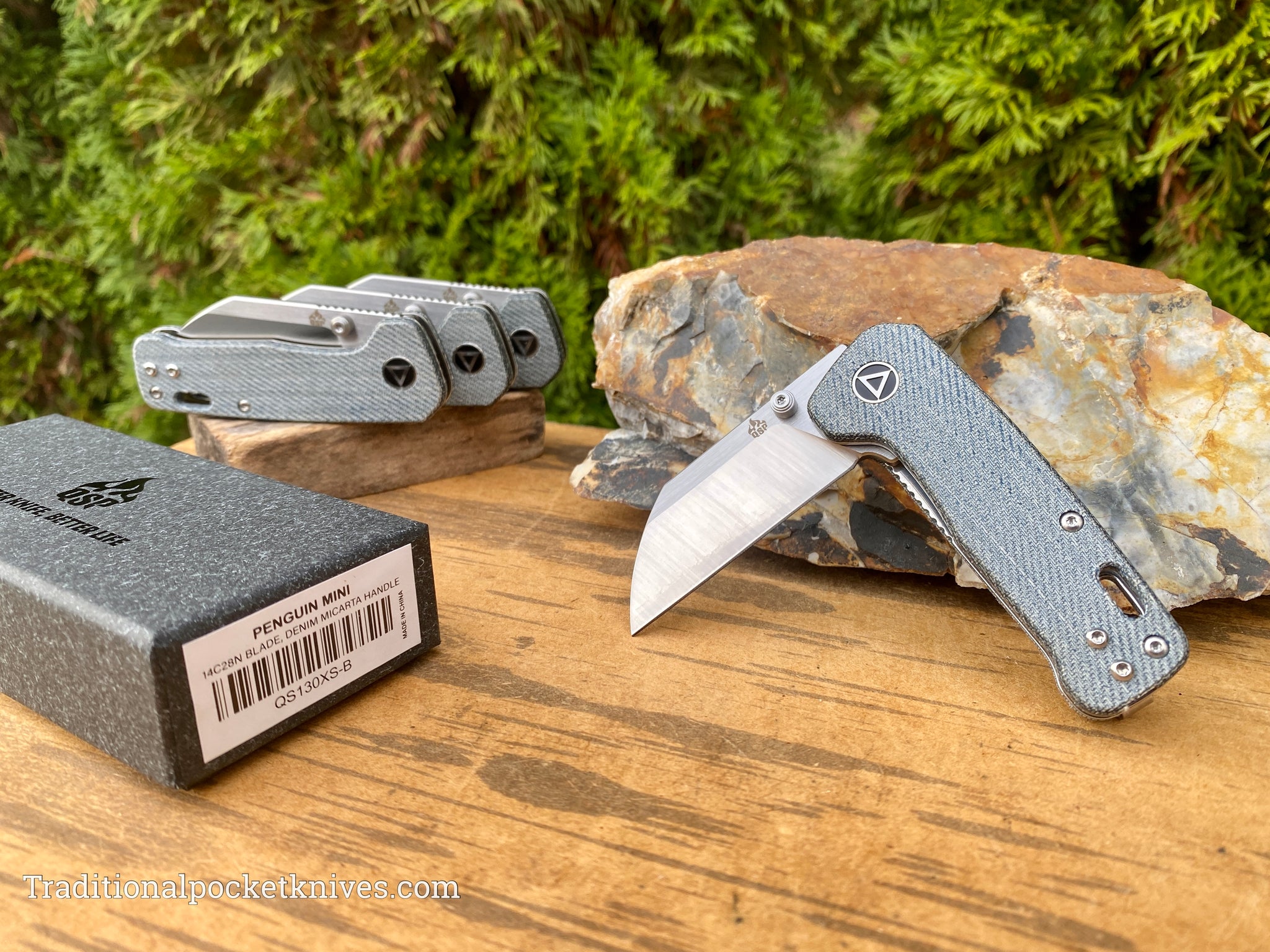 QSP Penguin Mini Knife QS130XS-B Denim Blue Micarta 14C28N Steel